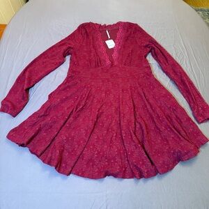 Free People
All Yours Mini Dress Long Sleeve Lace Trim V neck NWT Size Large